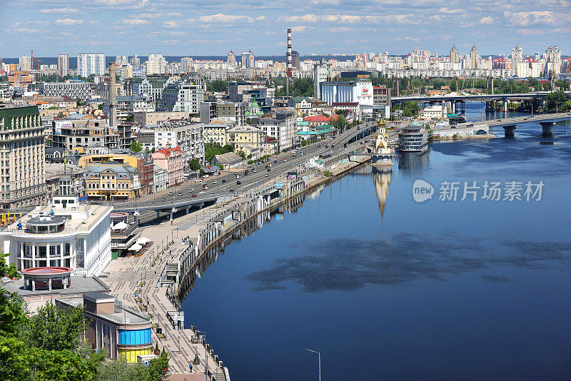 一个阳光明媚的夏日，基辅的第聂伯罗河美丽的河堤。06.04.2023. 基辅。乌克兰。